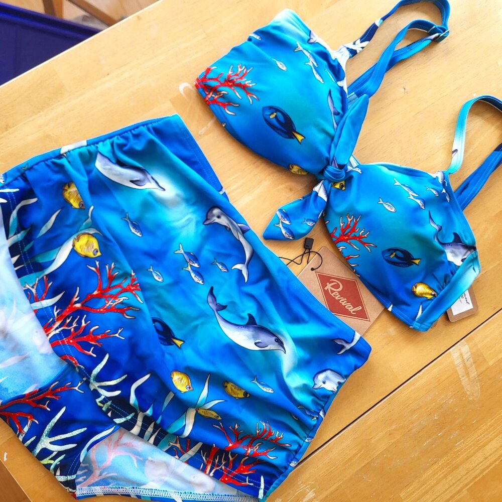 NWT Revival Blue Dolphin/Ocean Print Retro Bikini Bottom/Top "Flipper"